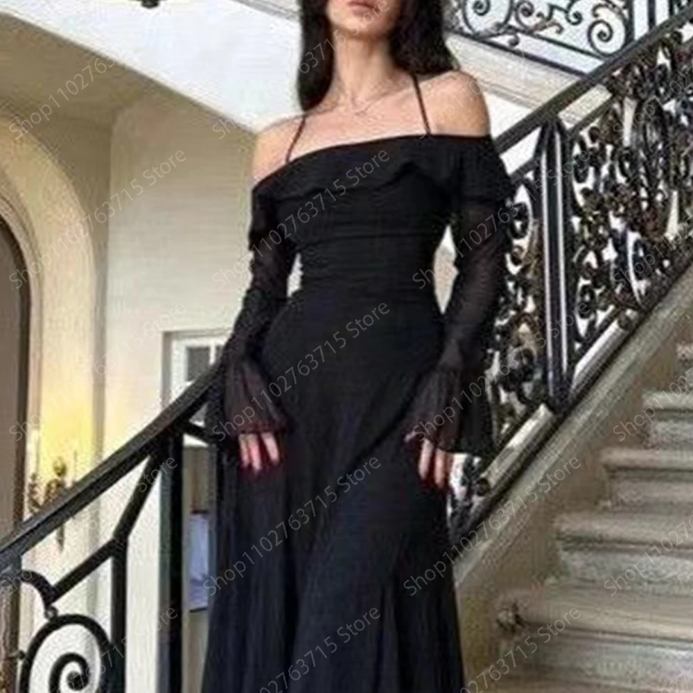 Elegant Long Black Evening Dresses for Women Halter Floor-Length A-Line Prom Party Wedding Gala Special Events Dress 2024