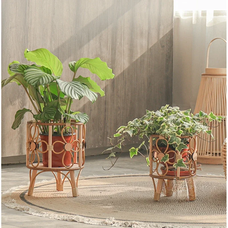 Rattan Weaving Pots for Plants Living Room Floor Plant Shelves, Balcony Decoration, Flower Stand, Versatile Scenes, Wooden Stand