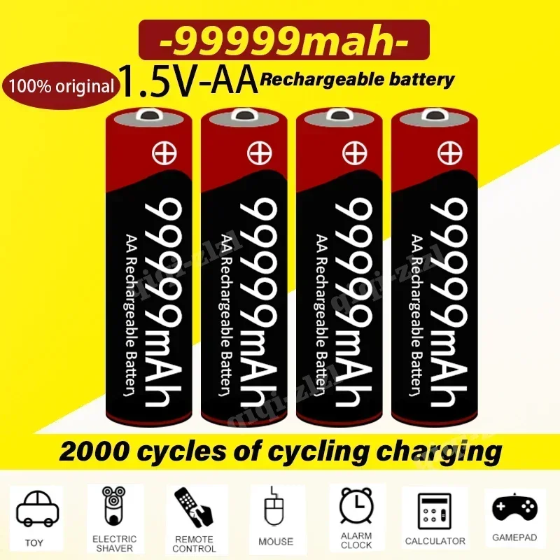 2024 New AA Battery 99999 MAH 1.5V Rechargeable AA Battery, Suitable for Flashlights, Toys, Mice, Microphones, MP3, Alarms, Etc.