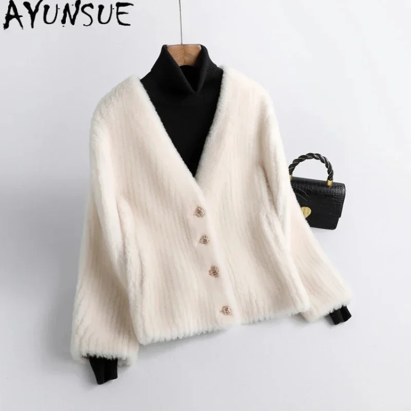 

Short AYUNSUE Sheep Shearing Jacket for Women New Autumn Winter Elegant V-neck 100% Wool Coat Womens Clothing Abrigos Mujer