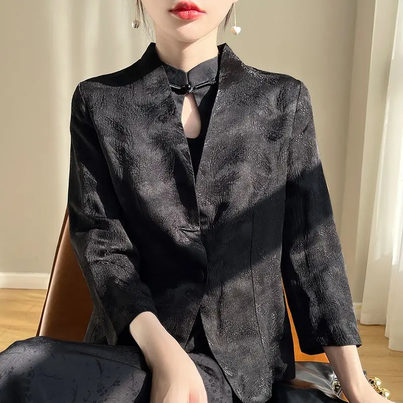 Insozkdg جديد الحرير الجاكار ثلاثة أرباع كم الخامس الرقبة دعوى سترة النساء الملابس الراقية الرجعية سليم السببية السترة النساء بلايز