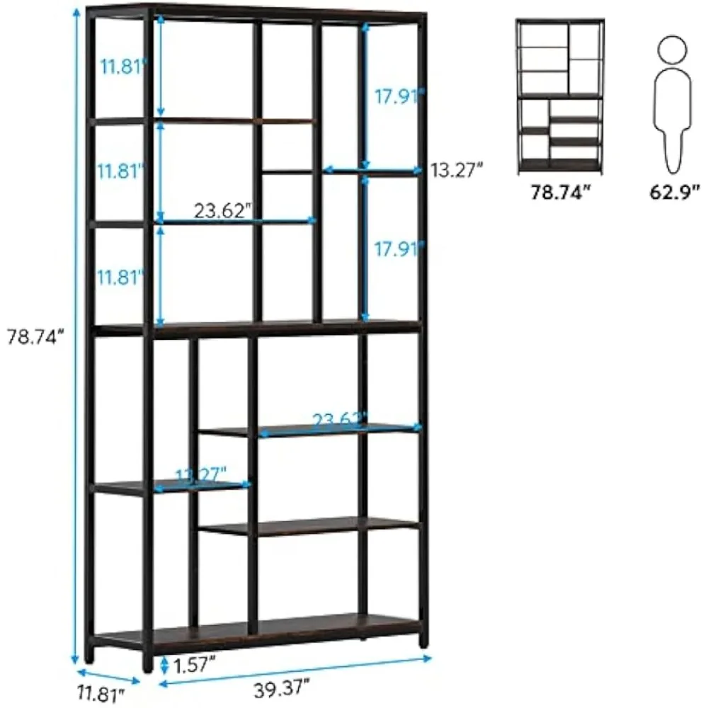 79 Inches Tall Bookcase with Open Shelves, 9-Tier Industrial Bookshelf, 10 Cubes Etagere Storage Shelves Display Shelf