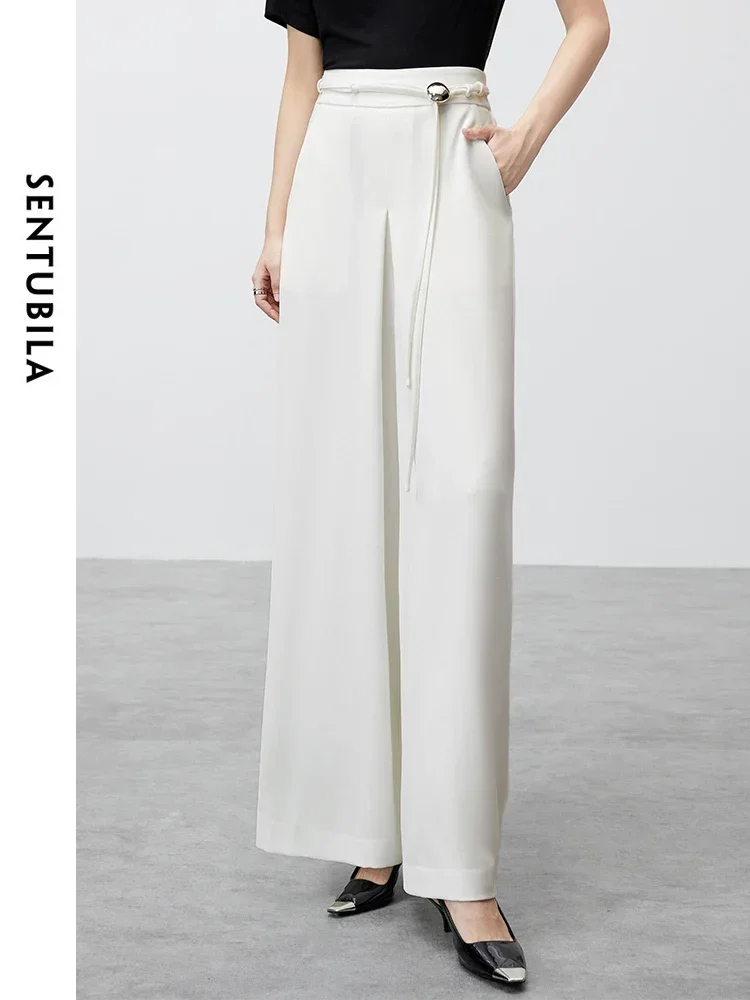 

SENTUBILA Casual Loose White Pants Women 2024 Spring Autumn New Elastic Waist Metal Buckle Sashes Wide Leg Pants 143K55644