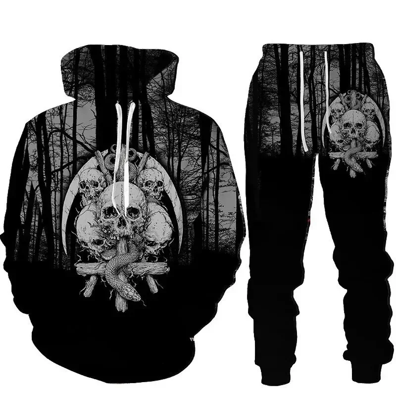 Fashion Skull Graphic Printed Hoodie Suit For Men Casual Sweatshirt Loose Sweatpants Autumn Two-piece Tracksuit Set Men Clothing