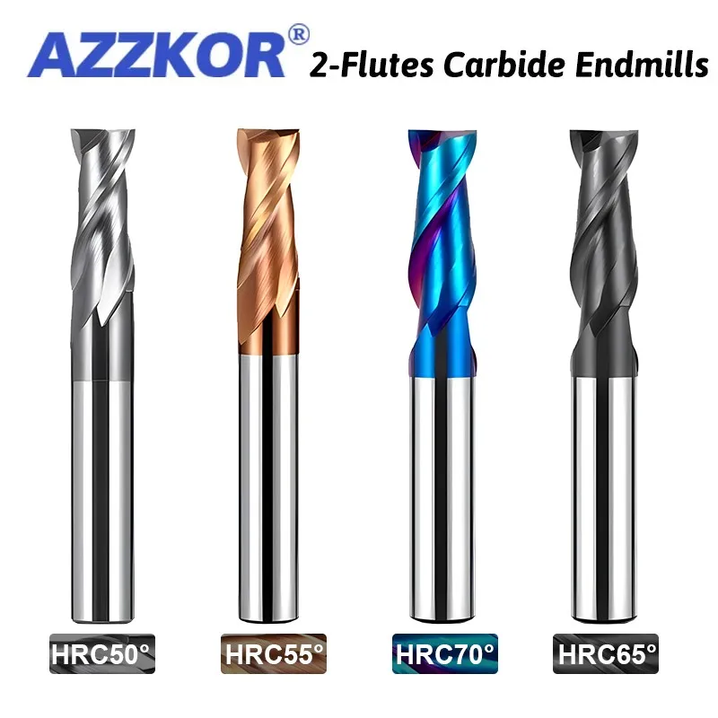 AZZKOR HRC50/55/65/70 1.0-20.0mm 2-Flute Carbide Flat End Mills For CNC Machine Tungsten Steel Milling Cutter Tools