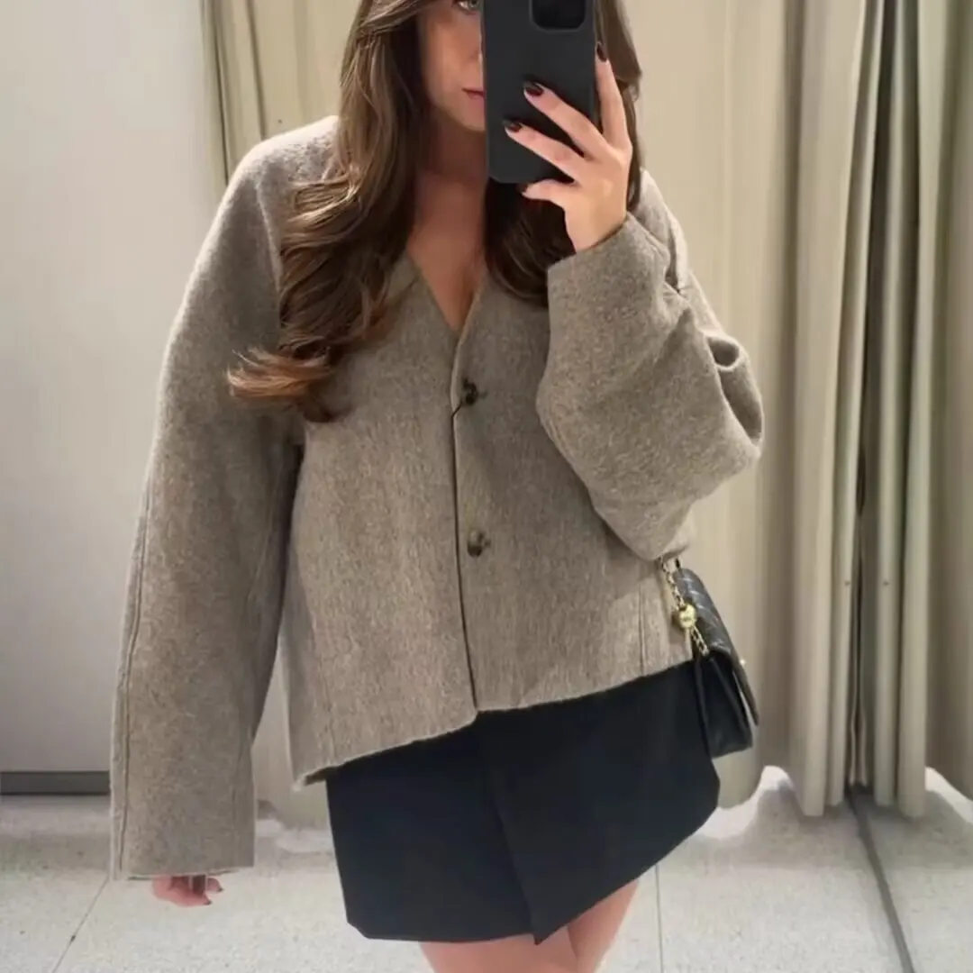 

Универсальный дизайн, шерстяная одежда Jaet Lazy Sle в стиле ретро, антивозрастная уличная одежда для похудения, V-ne Long Sve, застежка на одной пуговице, чистая ...