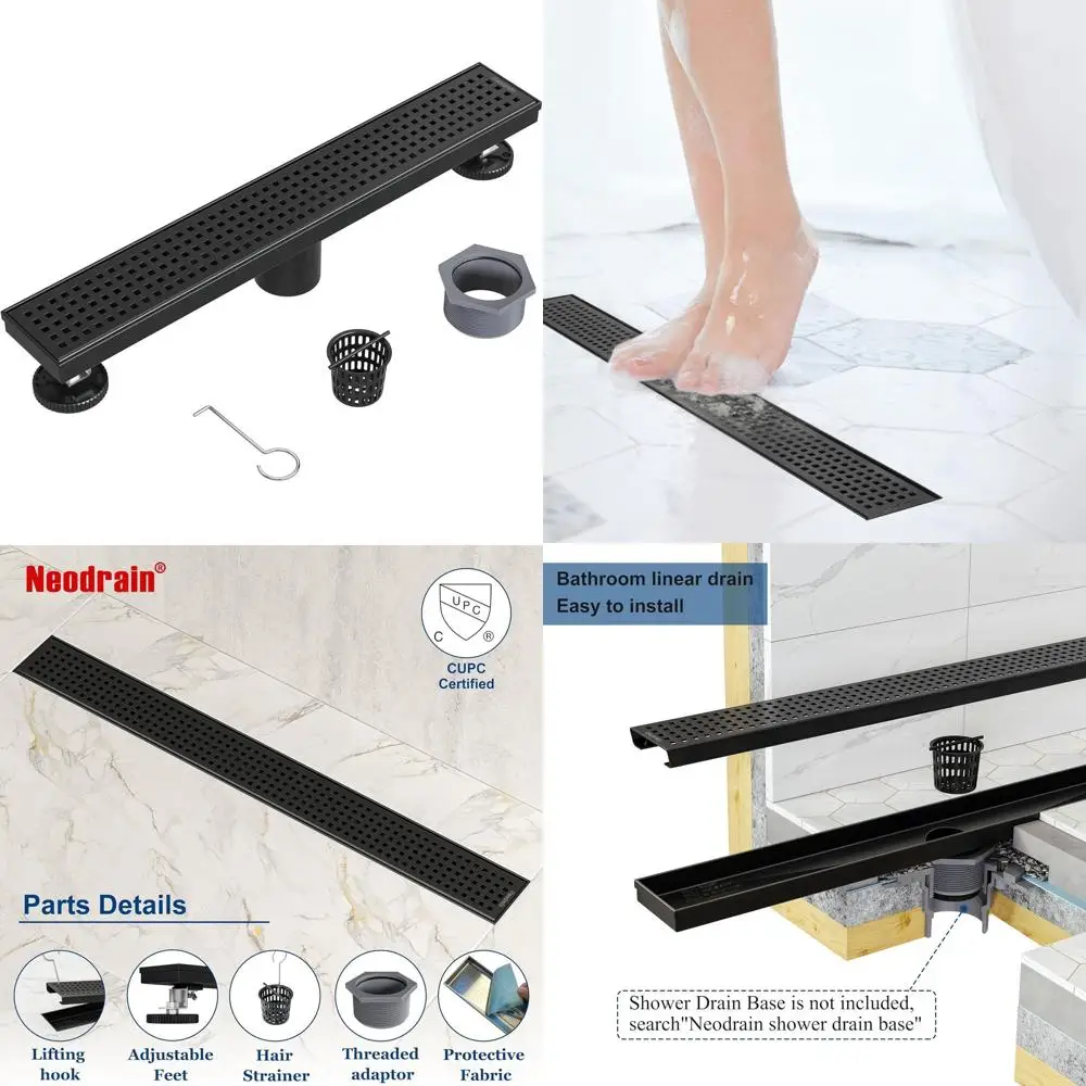 

18-дюймовый матовый черный линейный душевой трап со съемной решеткой, из нержавеющей стали 304, с регулируемыми ножками, с сеткой-фильтром для волос