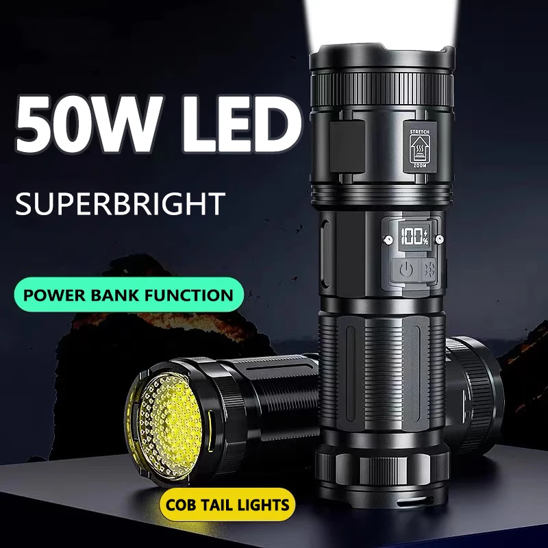 New P90 Flashlight Super Bright 1000M Long-Range Zoom Waterproof Multi-Functional Emergency Flashlight Taillight Built-in 9000MA