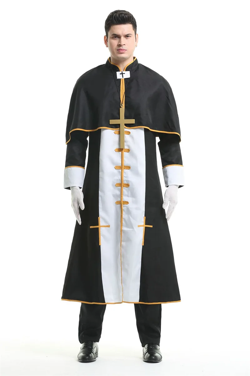 Traje de festa de Halloween para adulto, robe preto, pai medieval, roupas monge