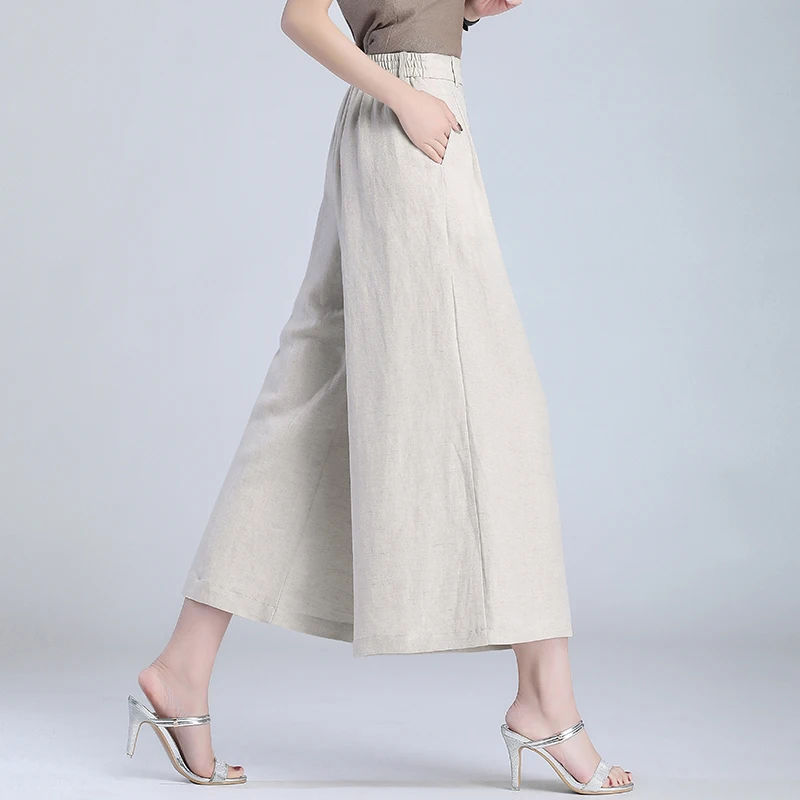 Linen Nine-Point Wide Leg Pants Women's 2024 Spring Thin Pants Skirt High Waist Eight-Point PantsCasual Loose Pants Cotton Linen