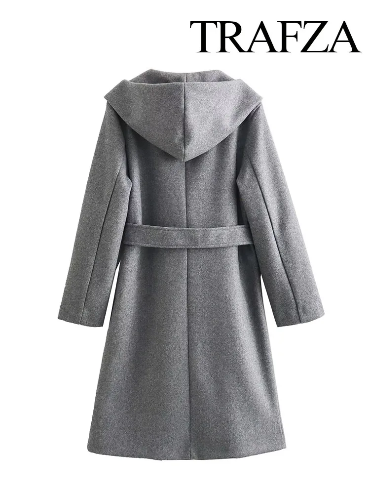 TRAFZA Women Fashion Solid Color Long Sleeve Belt Pockets Hooded Decorate Straight Overcoats Female Chic Warm Slim Seam Coats