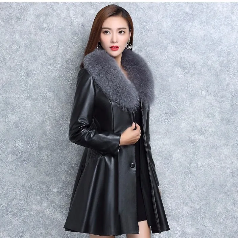 2023 Plus Size Black PU Leather Jacket Women's Long Sleeves Faux Fur Collar Winter Coat Slim High Quality Mid-length Trench Coat