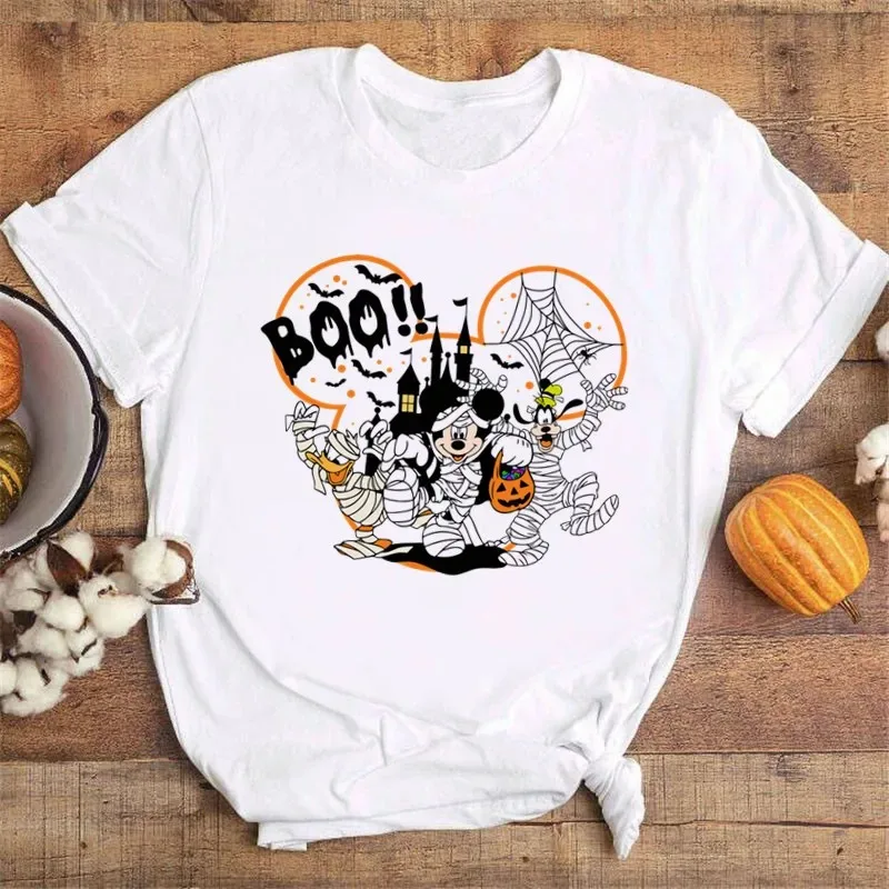 Disney Happy Halloween Mickey T-shirts Woman Festival Vibe Disneyland Vacation Clothes Black Tops 2024 Autumn T Shirt Women