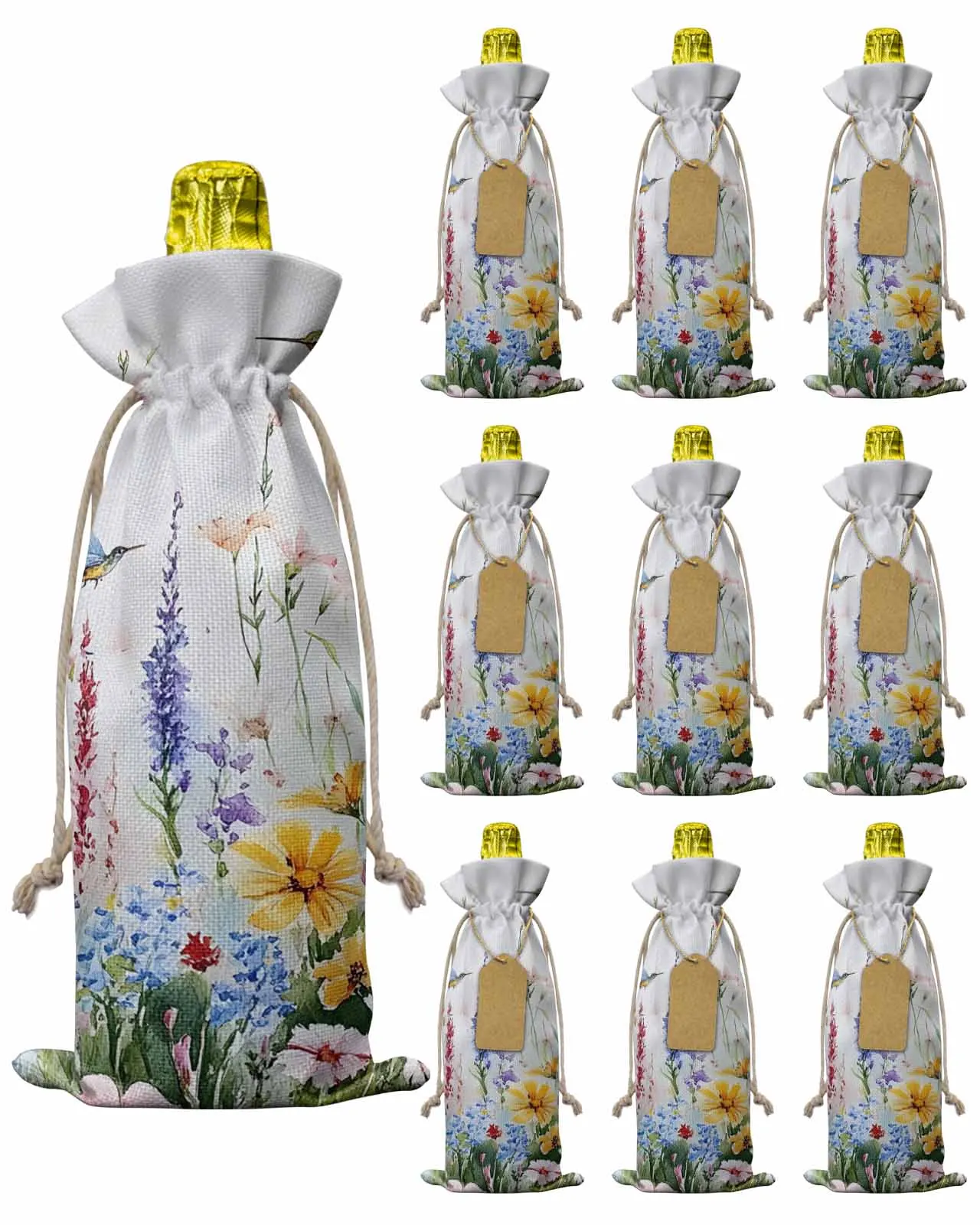 

10pcs Wine Bottle Covers Colorful Flower Field Bird Wine Holder Carrier Packaging Bag Wedding Party Decor Gift