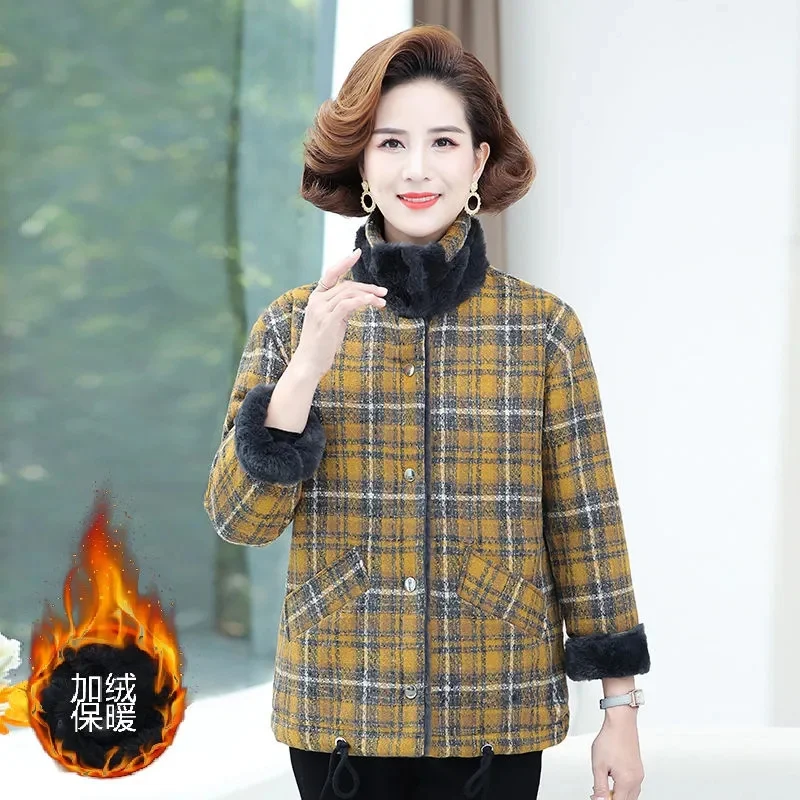 Mother Autumn Winter Add Wool Upset Cotton Jacket Western Style Plaid Cotton Jacket Middle Women New Stand Collar Woolen Coat