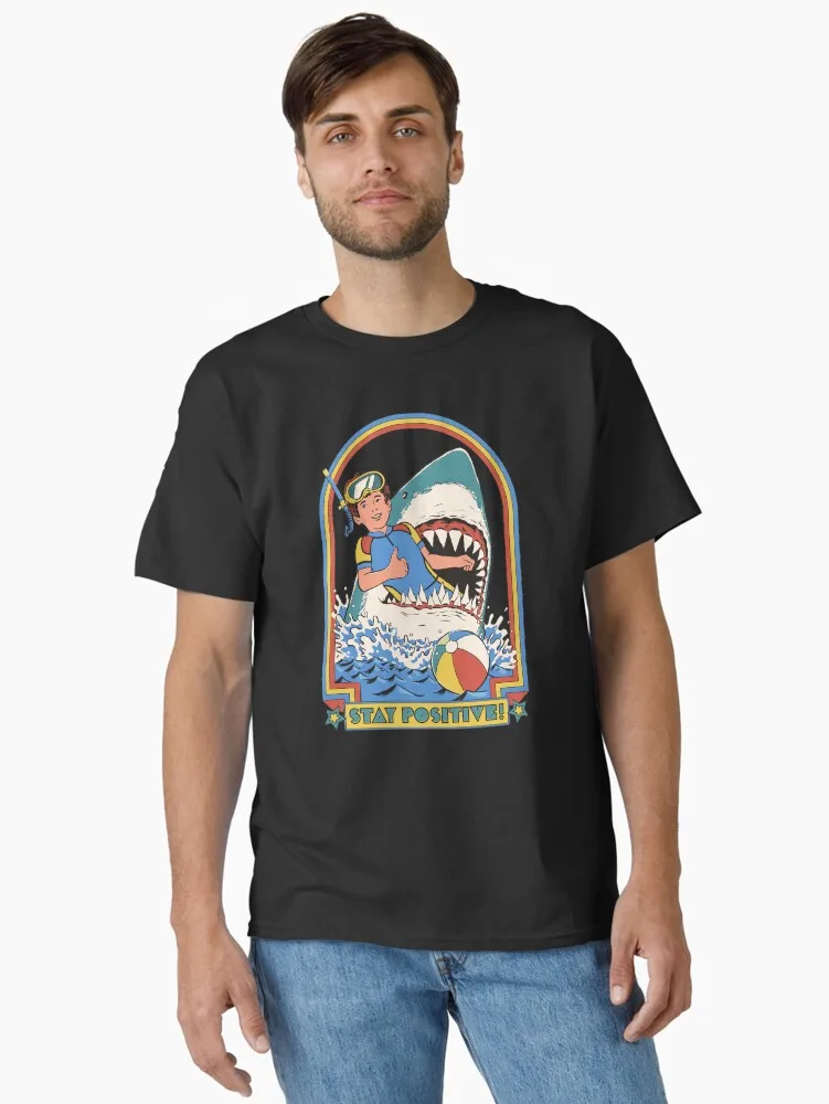 Men's Stay Positive Retro Shark Diver T-shirt Vintage 70s Funny Ocean Shark Attack Graphic Unisex Crew Neck Breathable Sport Tee