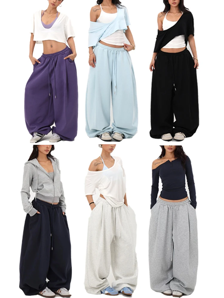 Retro American Hip Hop Jazz Dance Embroidered Loose Women's Sports Pants Wide Leg Casual Dancing Trousers Versatile Slimming
