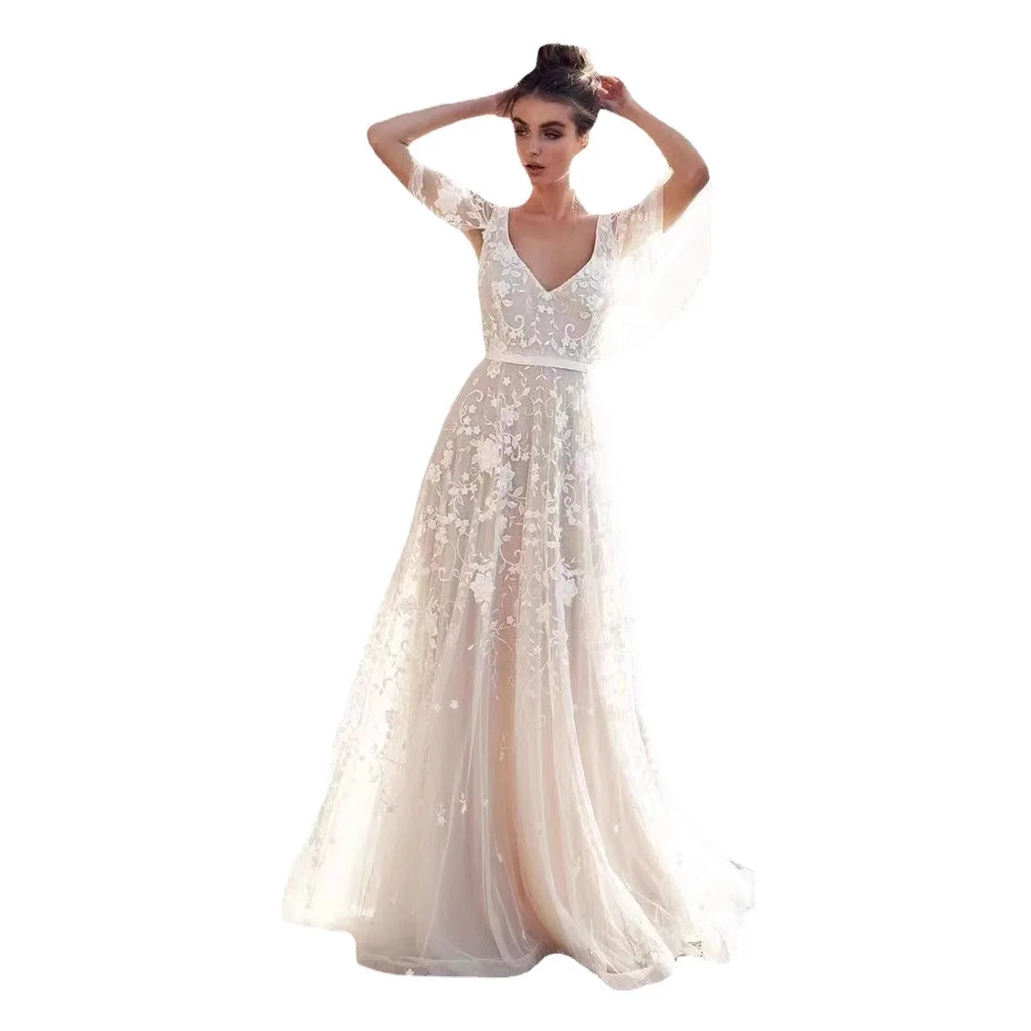 2025 Spring and Summer New European and American Women's Deep V-Neck Medium-Length Dress Lace Back Evening Gown