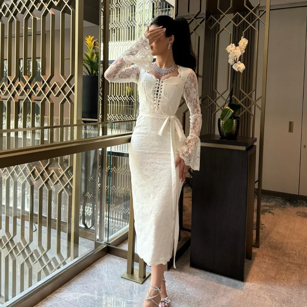 

Jiayigong Lace Sash Ruffle Engagement A-line Square Neck Bespoke Occasion Gown Midi Dresses Saudi Arabia