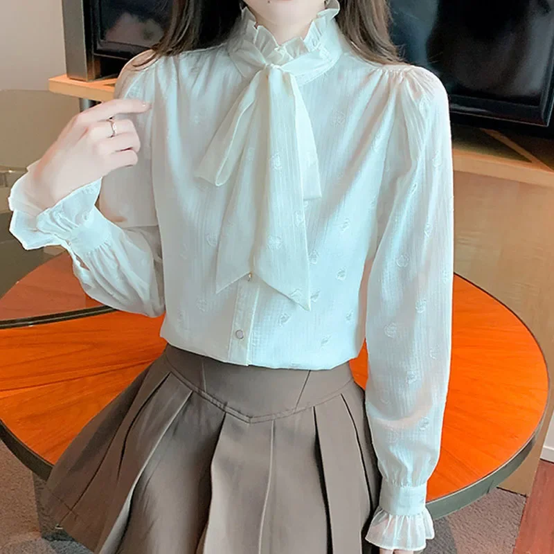 

Autumn Long Sleeve Ruffled Women Shirt New Lace-up Chiffon Shirt Blouse Women Tops Blouses Shirts Blusas Para Mujer Camisas M250