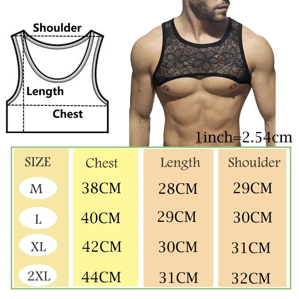 Men Sissy Sexy See Through Mesh Sheer Lingerie Cropped Top Nightwear Sexy Vest Floral Lace Muscle Fitted Vest Crop Top Sleepwear