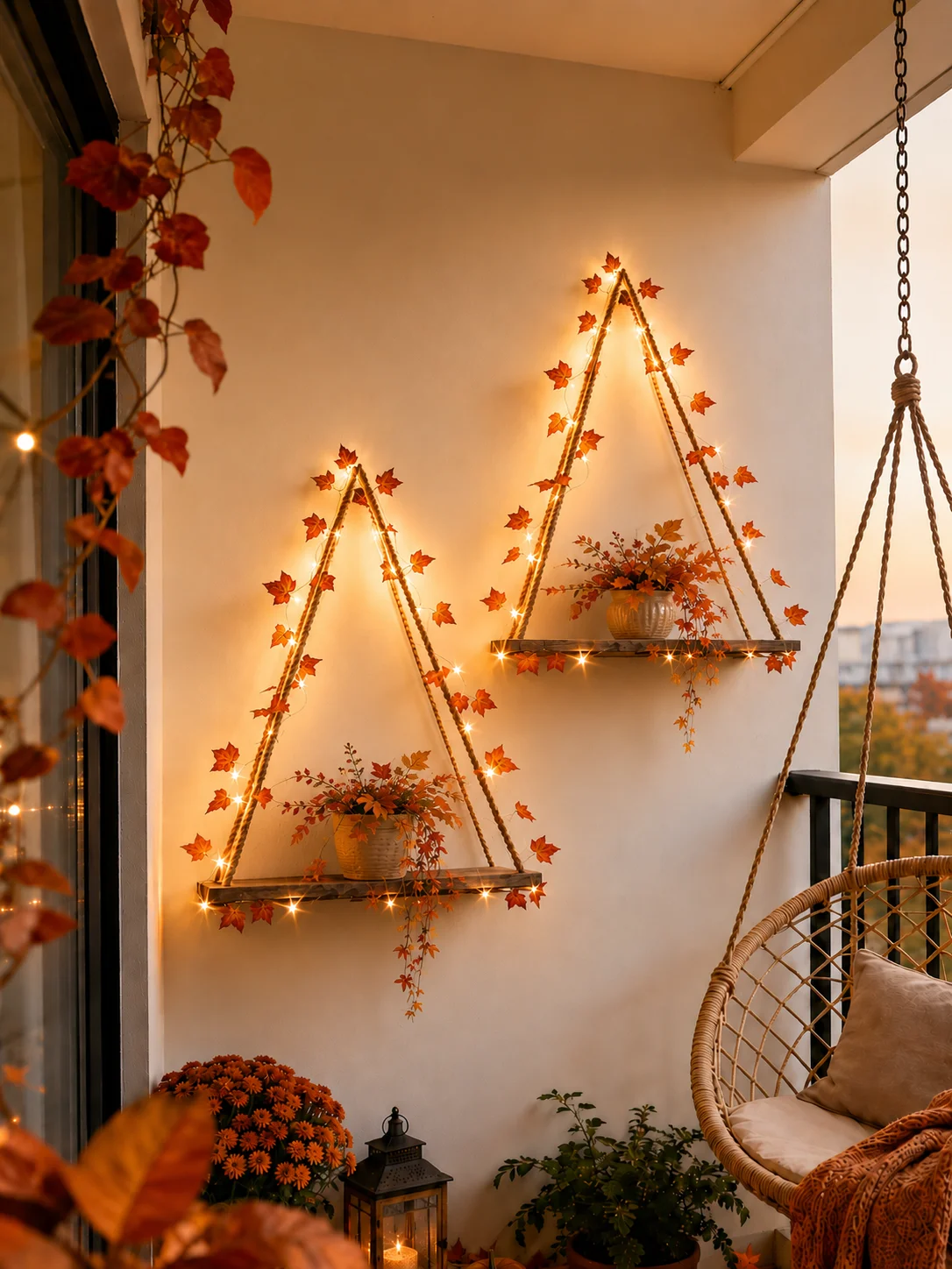 Triangle Rope Wooden Floating Wall Shelves with Autumn Maple Leaves LED Hanging Display Rack Boho Wall Mount Decor Storage Shelf