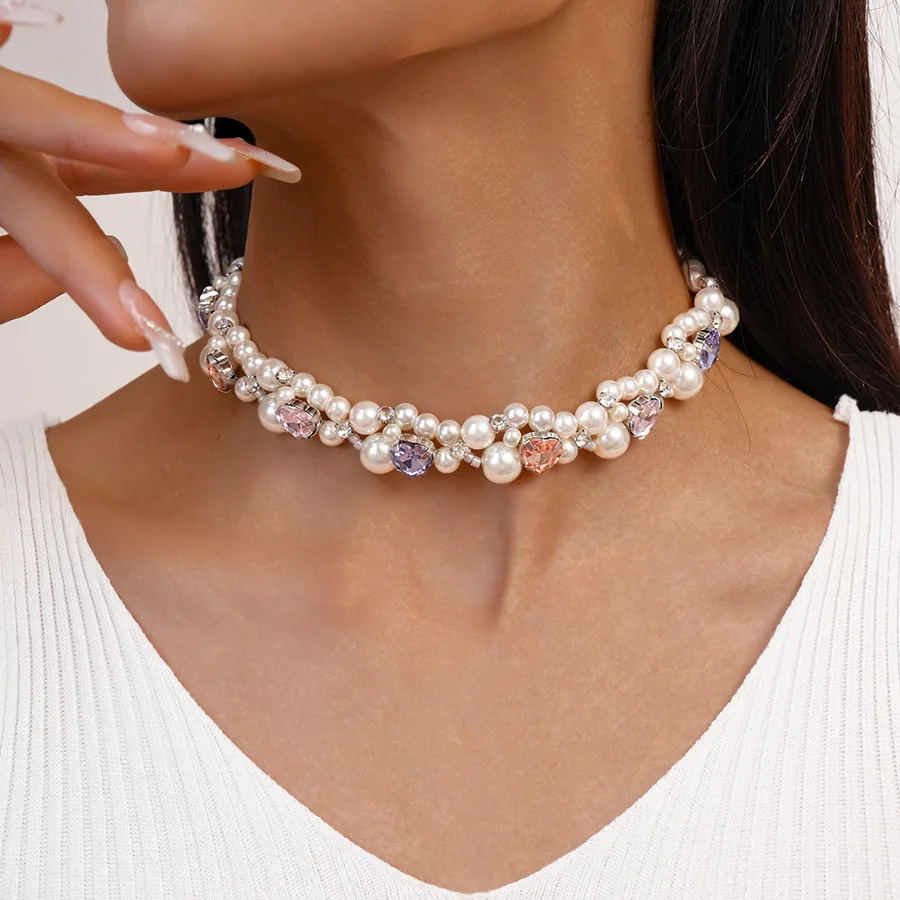 Luxury Rhinestone Simulated Pearl Necklace Women's Fashion Colorful Love Heart Choker Necklaces Party Wedding Bridal Jewelry