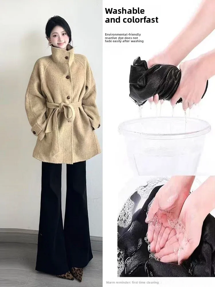 Bla Fce 裏地付きベルボットジーンズ レディース ハイウエスト ルーズフィット カジュアル 快適 ストレッチデニムパンツ 秋冬新作