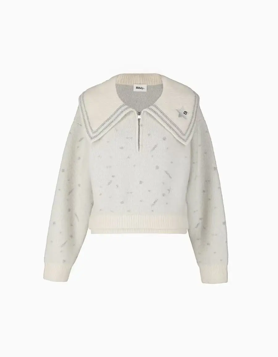 Bibi Star Flip-Collar Knitted Top Women's Loose Fit Long Sleeve Warm Thickened Autumn Winter Fashion Commute Style Online Exc...