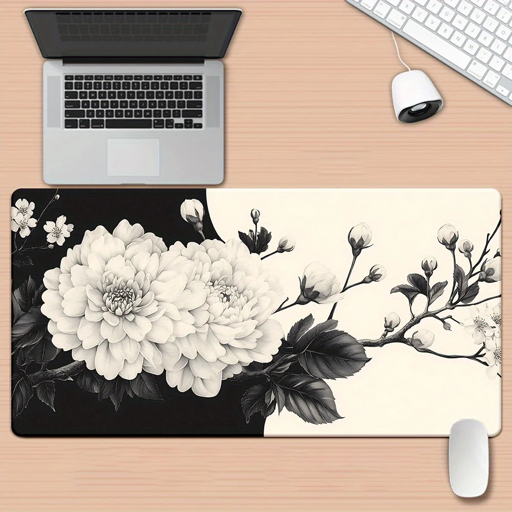 Aesthetic Floral Print Large Mouse Pad, Non-Slip Desk Blotter, Black White Peony Sakura Desk Mat for Laptop Office Home