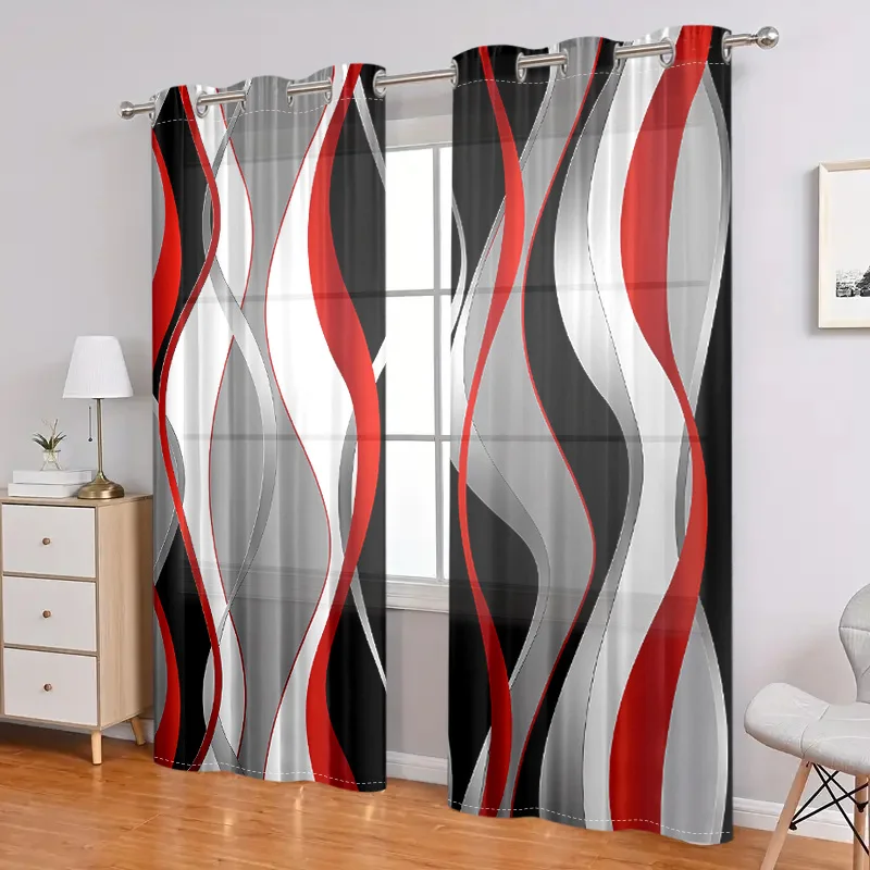 2 pieces, modern art abstract red, white, gray, black striped curtains - semi blackout - living room, bedroom, home decoration