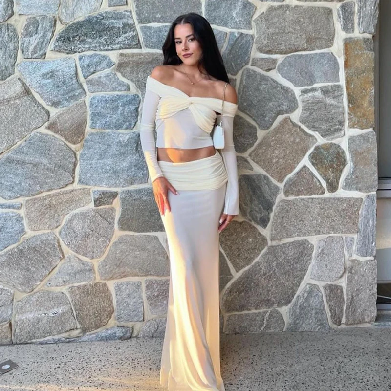 Lygens Off The Shoulder Knotted Crop Top Long Skirt Women'S Sets Summer Elegant Evening Autumn Party Streetwear Fashion Clothing