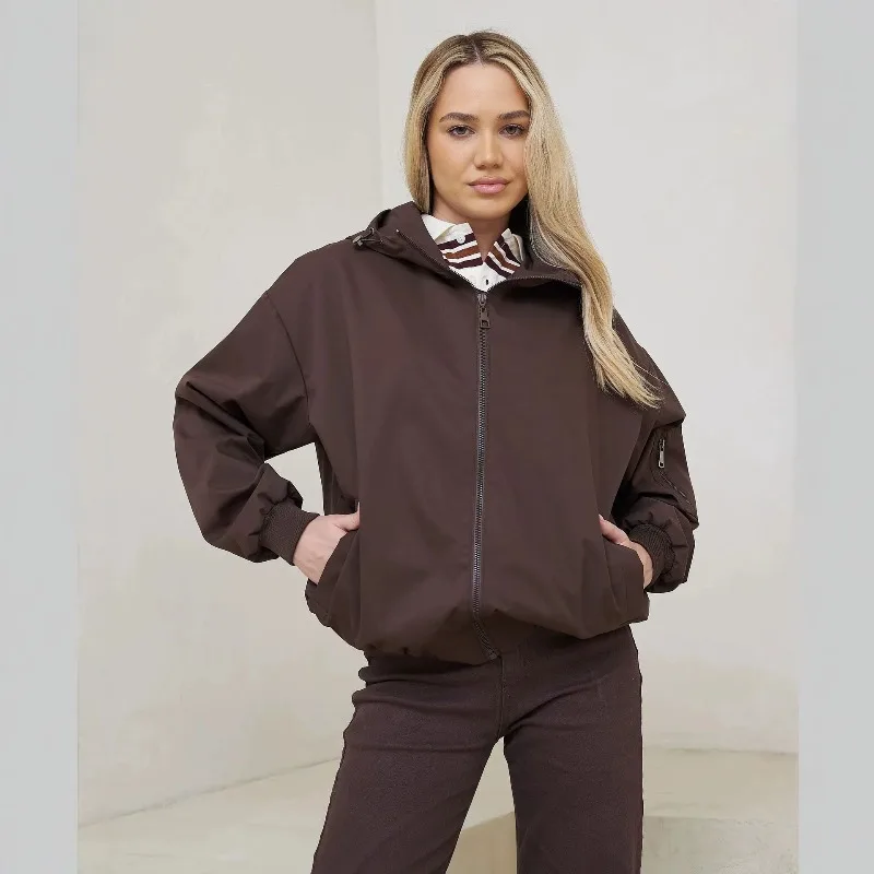 Women's Coffee Hooded Zip Up Windbreaker Jacket, Spring Autumn Loose Drop Shoulder Casual Windproof Short Outerwear