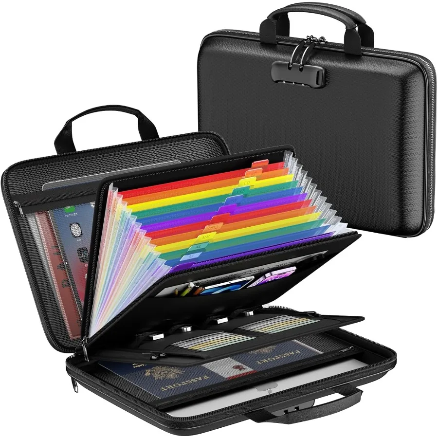 Organizador de archivos ignífugo con cerradura para almacenamiento seguro: carpeta expandible grande de 13 bolsillos con diseño de carcasa dura, ideal para Protec