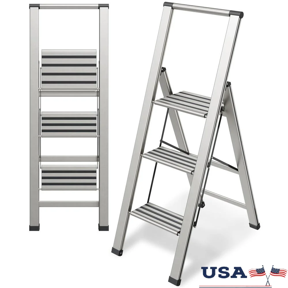 Folding Aluminum Step Ladder Anti-Slip Ultra Slim Profile Sturdy Portable Home Office Garage Brushed Aluminum Lightweight