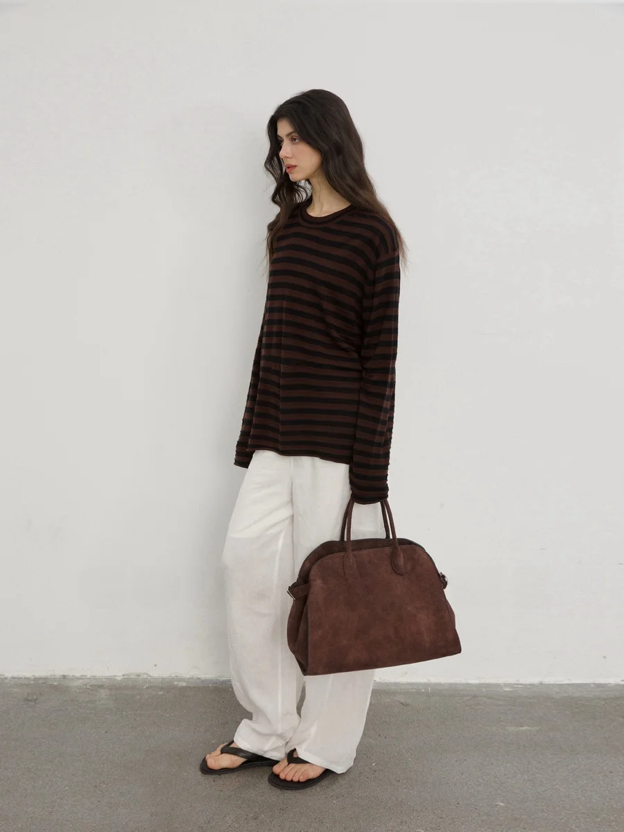 

COUNTONME Spring Loose Fit Silk Wool Stripe Women's Long Sve T-irt Casual Sle round Ne Pullover Top