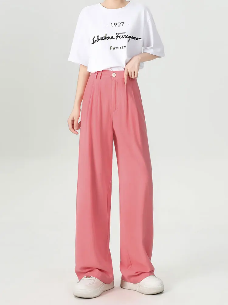 

High Waist Straight Leg Casual Pants Women's Loose Fit Faionable Versatile Pink Color Korean Sle Simple Wide Leg Pants