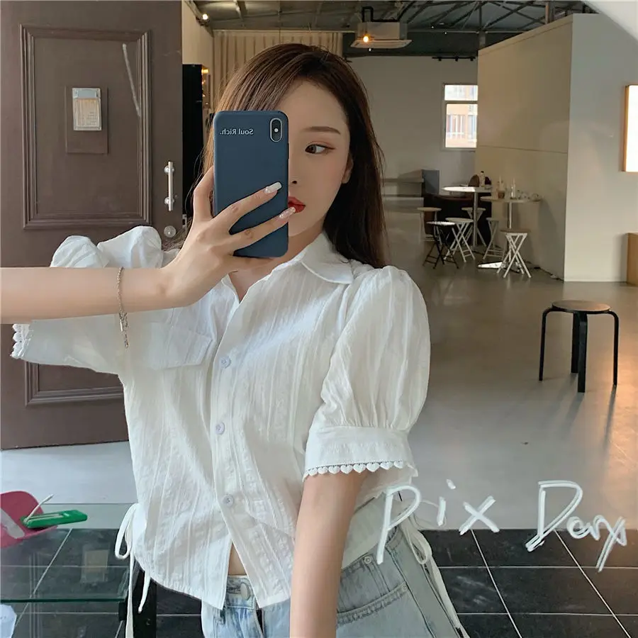 Shirring Shirts and Blouses Korea Short Sleeve Top Women 2024 Summer Button Sweet Blouses Pocket Elegant Solid White Clothes New