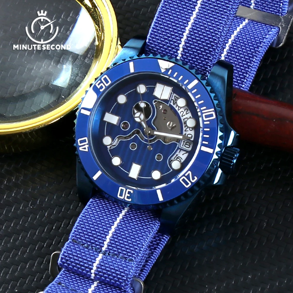 

MINUTESECOND NH35 Watch NH35 Half Hollow Dial Bule Watch 10BAR Waterproof Automatic Mechanical NH35 Movement 40mm Man Watch