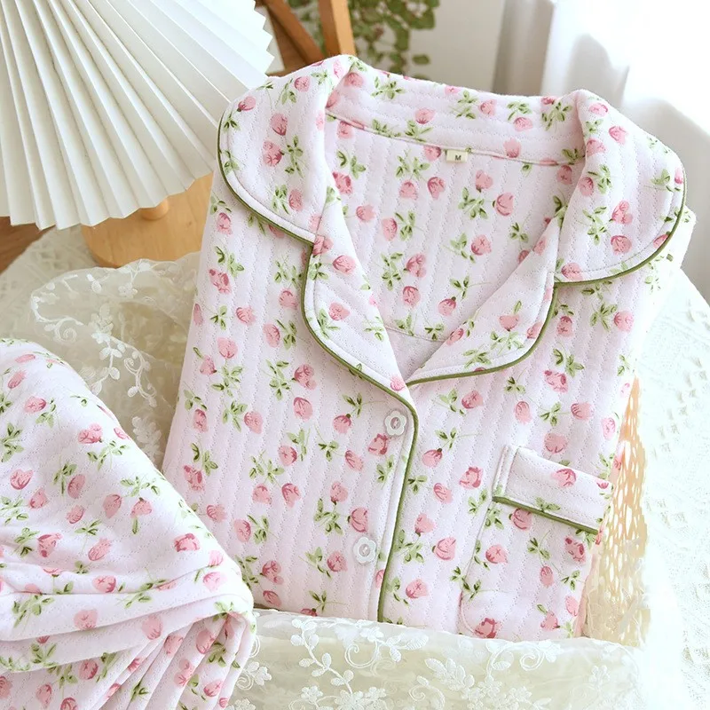 

Autumn Winter Warm Air Cotton Quilted Pajama Set Home Wear Women Clothes Nightwear Nightie Two-piece Pyjamas Set Sleepwear