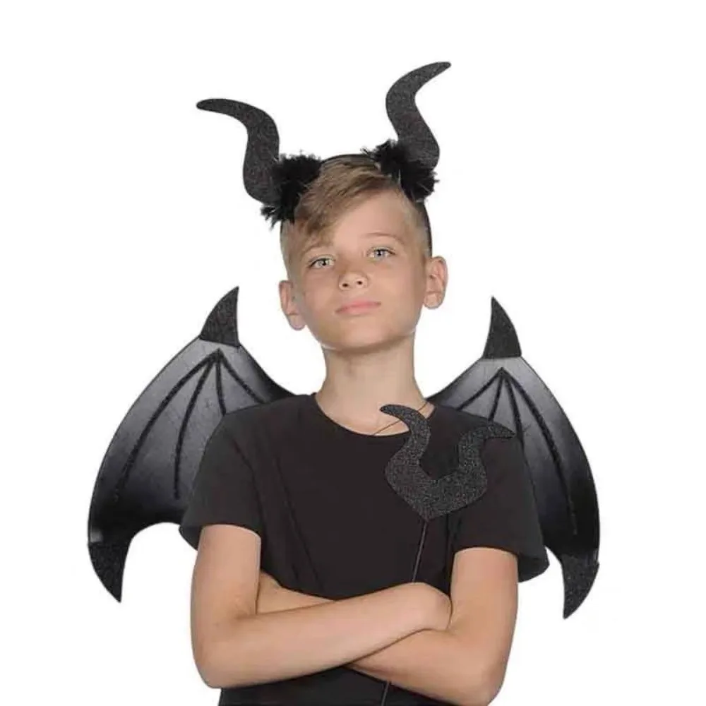 

3Pcs/Set Funny Halloween Cosplay Props Demon Horn Hair Band Wand Halloween Costume Accessories Party Bat Wings with Tail