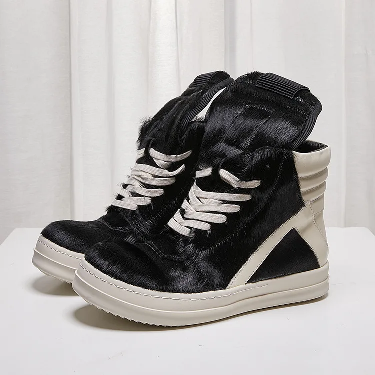 

High Street Brand R0 Horsehair Sneaker Men Lace-up Board Thick Soled High Top Round Toe Women Shoes