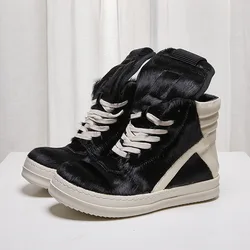 High Street Brand R0 Horsehair Sneaker Men Lace-up Board Thick Soled High Top Round Toe Women Shoes