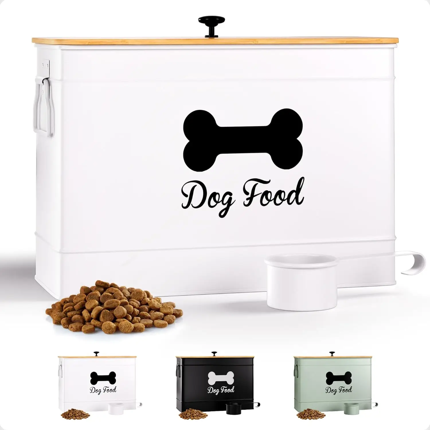 

Airtight Dog Food Container with Metal Scoop, 15 lb Capacity, White Bamboo Lid for Fresh Storage