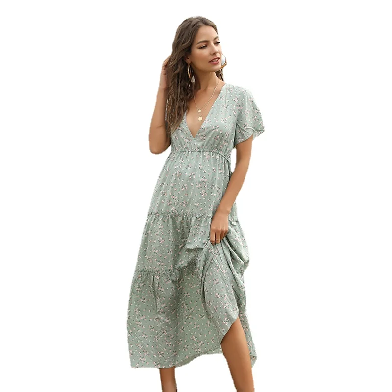 

2023 New Summer Women V-neck Cotton Dress High Quality Women Long Dress