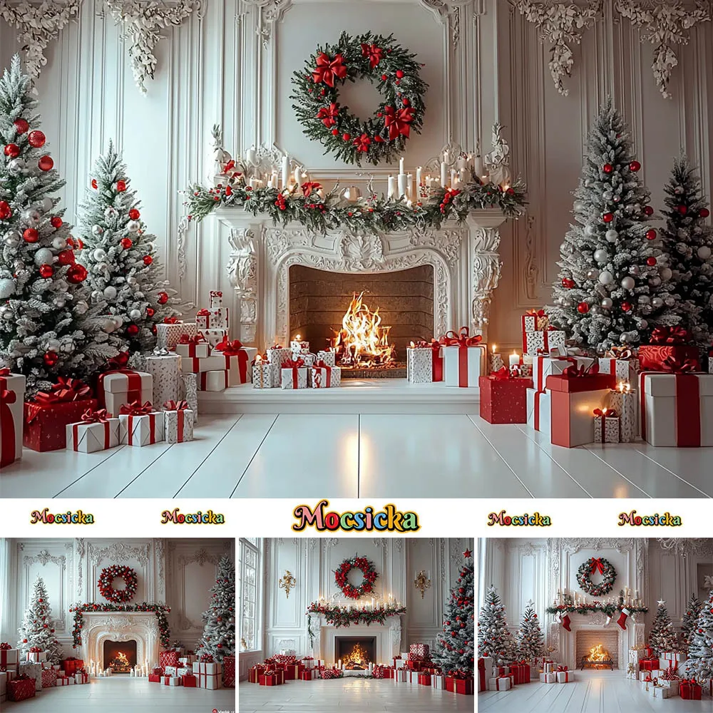 Mocsicka Photography Background Christmas Tree Wreath Fireplace Decoration Supplies Children Holiday Photo Portrait Backdrops