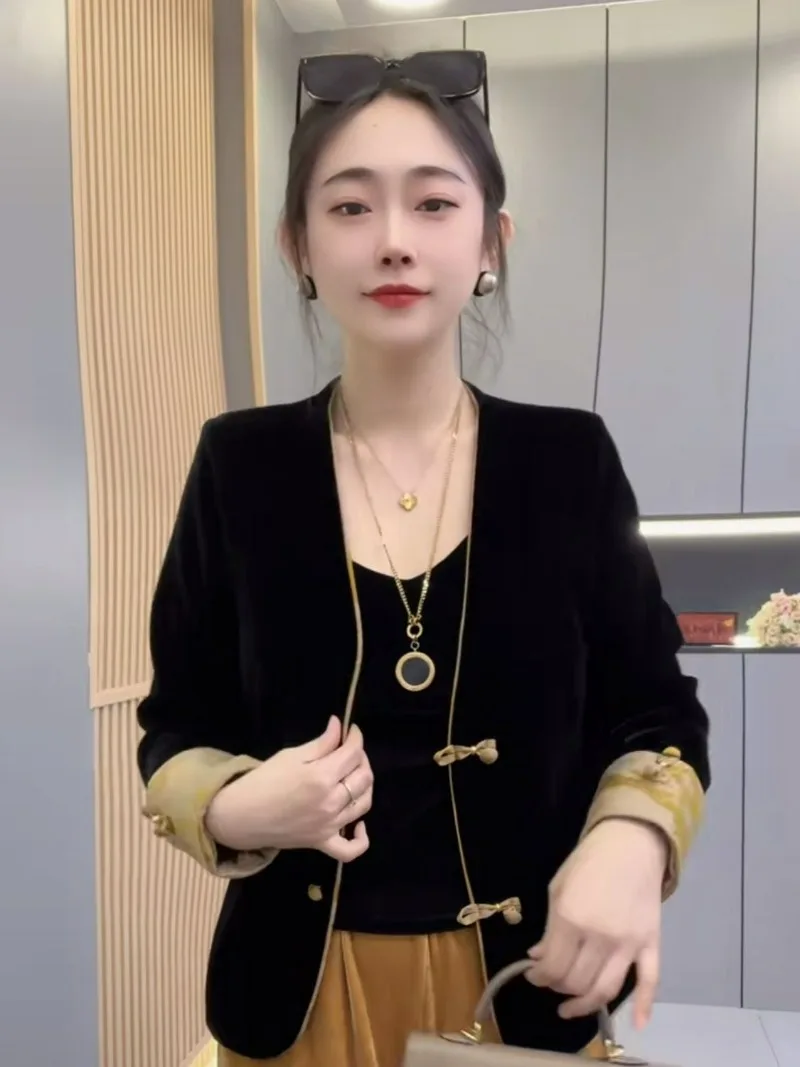 

Короткая куртка с пряжкой в китайском стиле в стиле ретро, женская осенняя новинка, бархатные темпераментные утягивающие универсальные женские топы