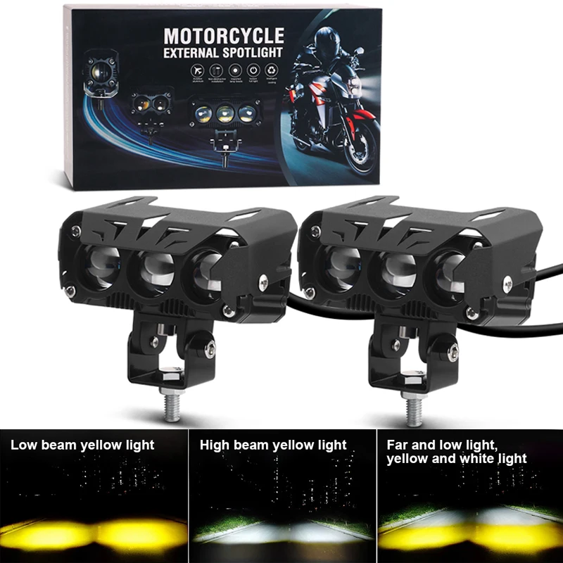 Motorcycle LED Spotlight Dual Color Hi/Low Beam Fog Lamps for Car Trucks SUV UTV 12V 24V Mini Lens Headlight Driving Light