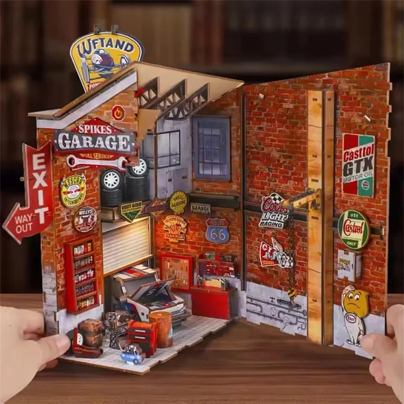 DIY-Buchecke, Regaleinsatz-Sets, die Spikes, Garage, Bücherregal, Miniatur-Modellbausatz aus Holz, handgefertigte Buchstütze für Freunde, Geschenke