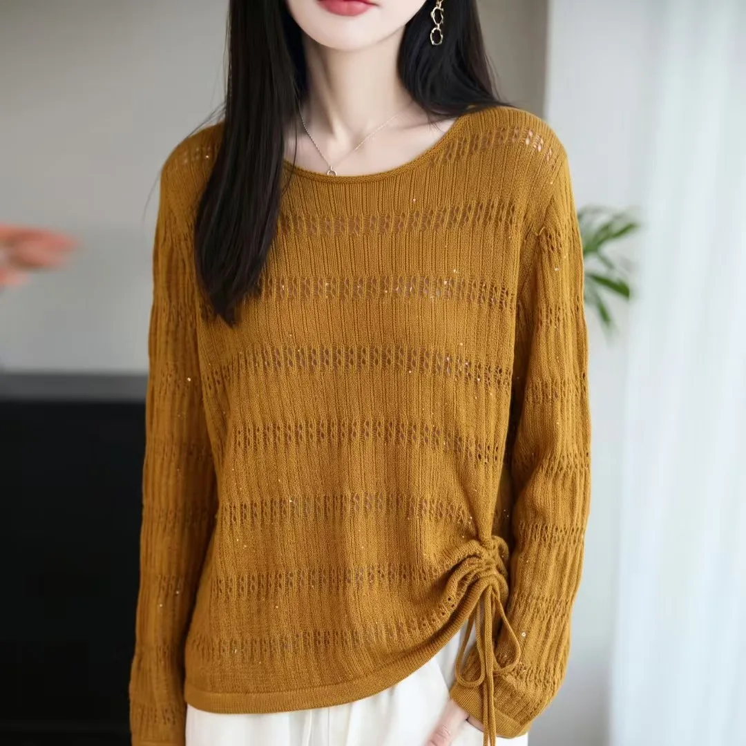 Drawstring hollow long sleeve sweater round neck sequins lazy wind sweater top